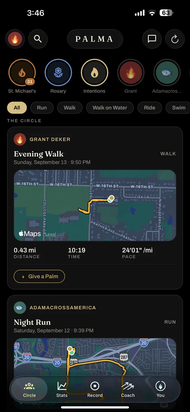 Palma's Circle: story circles for St. Michael's Lent, the Rosary, intentions, and friends, above a feed of walks and runs with gold route maps