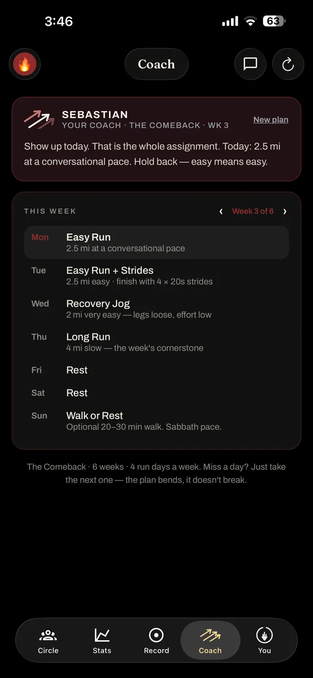 The Coach tab: Sebastian's daily word and the week's plan, day by day