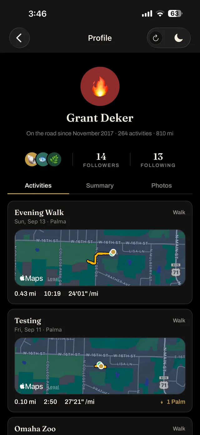 A profile: followers, following, and a ledger of activities with their routes