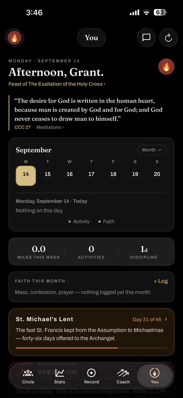 The Today screen: the feast of the Exaltation of the Holy Cross, a meditation from the Catechism, the month's calendar, and St. Michael's Lent at day 31 of 46